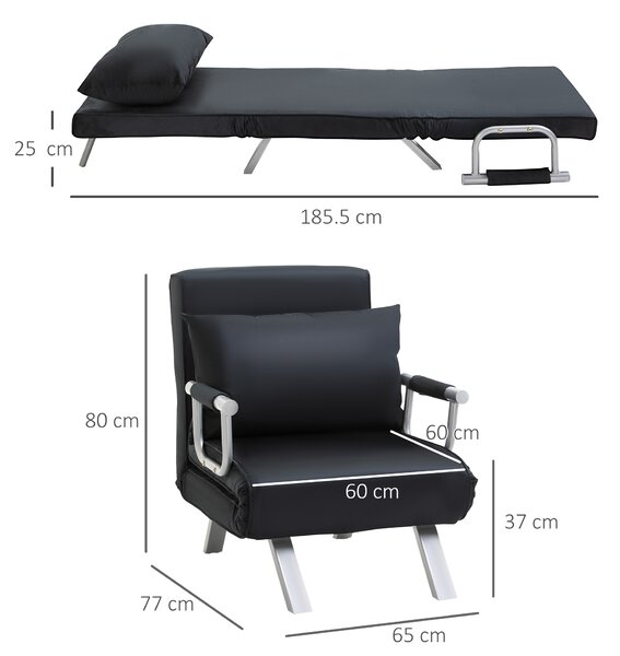 HOMCOM Poltrona Letto Moderna Singolo Salvaspazio 2 in 1 con Schienale Reclinabile su 5 Posizioni e Cuscino, 65x77x80 cm, Nero | Aosom Italy