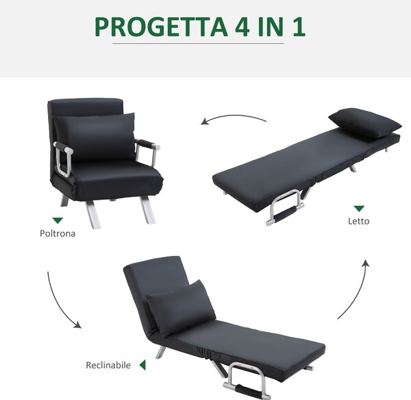 HOMCOM Poltrona Letto Moderna Singolo Salvaspazio 2 in 1 con Schienale Reclinabile su 5 Posizioni e Cuscino, 65x77x80 cm, Nero | Aosom Italy