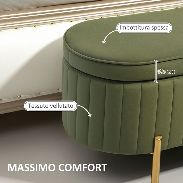 HOMCOM Panca Contenitore Ovale da 72L con Coperchio Sollevabile, in Tessuto Effetto Velluto e Legno, 108x44x43.5 cm, Verde | Aosom Italy