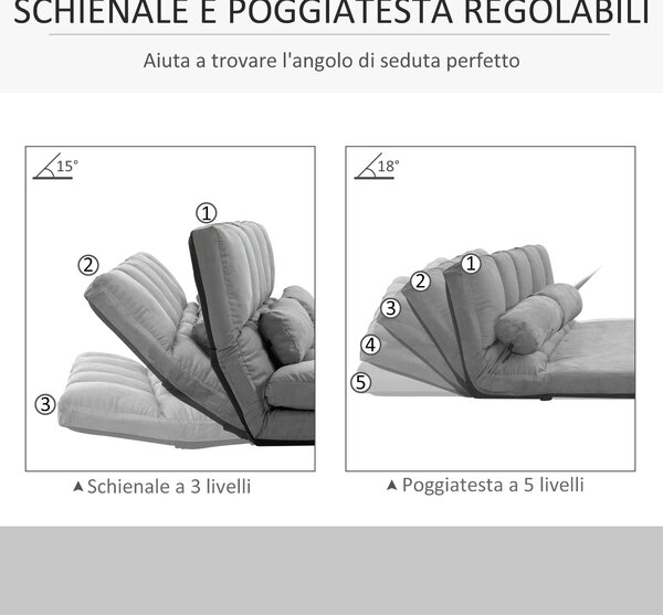 HOMCOM Divano da Terra Pieghevole a Lettino, Schienale Reclinabile su 7 Livelli e Cuscini, 130x73x60cm Grigio Chiaro|Aosom