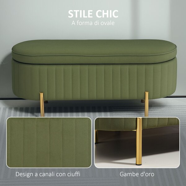HOMCOM Panca Contenitore Ovale da 72L con Coperchio Sollevabile, in Tessuto Effetto Velluto e Legno, 108x44x43.5 cm, Verde | Aosom Italy