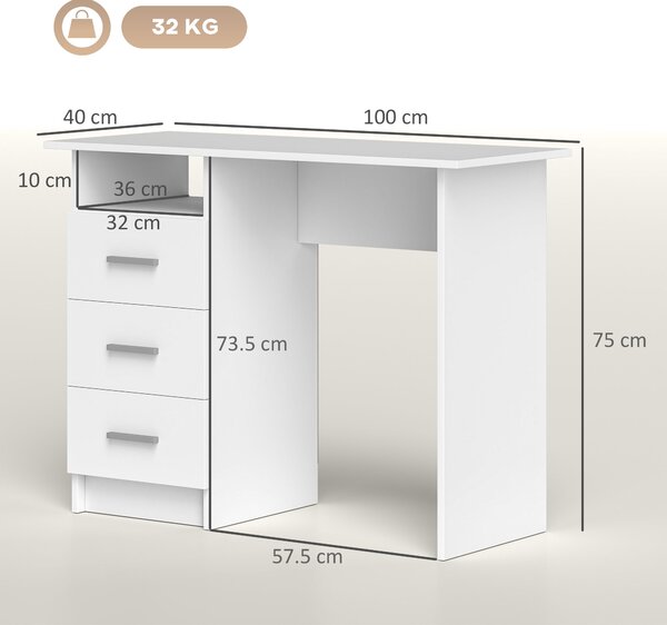 HOMCOM Scrivania Moderna in Legno con 3 Cassetti e Ripiano Aperto, 100x40x75 cm, Bianca