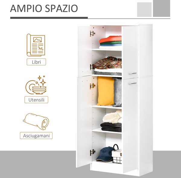 HOMCOM Armadio Multiuso a 4 Ante con Mensole Regolabili, Armadio Dispensa Cucina Moderna in MDF, 59x31x155cm, Bianco | Aosom Italy