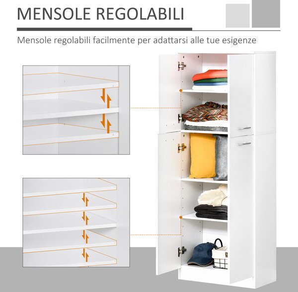 HOMCOM Armadio Multiuso a 4 Ante con Mensole Regolabili, Armadio Dispensa Cucina Moderna in MDF, 59x31x155cm, Bianco | Aosom Italy