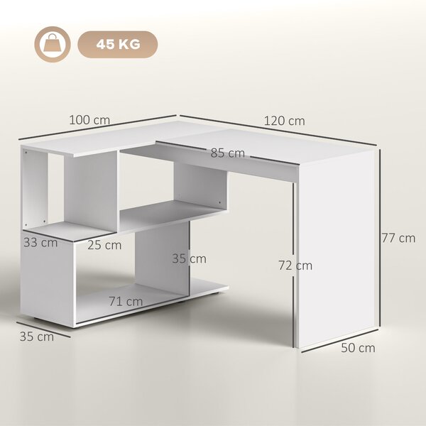 HOMCOM Scrivania Angolare Moderna per Ufficio con 4 Ripiani in Legno Bianco, 120x100x77 cm
