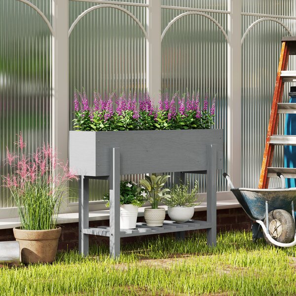 Outsunny Fioriera Rialzata con Ripiano Inferiore e 2 Fori di Drenaggio, in Legno di Abete, 100x30x70.5 cm, Grigio