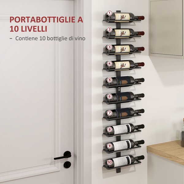 HOMCOM Portabottiglie da Parete a 10 Ripiani in Acciaio Nero per 10 Bottiglie,, 27x10x116 cm