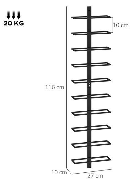 HOMCOM Portabottiglie da Parete a 10 Ripiani in Acciaio Nero per 10 Bottiglie,, 27x10x116 cm