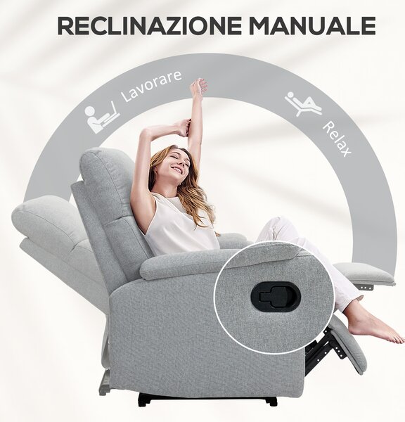 HOMCOM Poltrona Reclinabile Manualmente a 60° Extra Imbottita in Tessuto con Poggiapiedi, Grigio