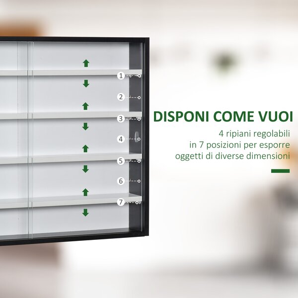 HOMCOM Vetrina per Collezionismo a 4 Ripiani Regolabili in Legno con Ante in Vetro, 80x9.5x60 cm, Bianco e Nero | Aosom