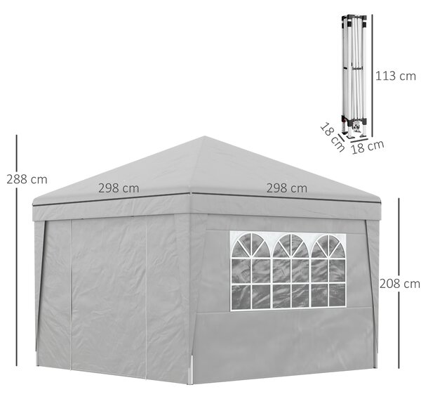 Outsunny Gazebo 3x3 m Pieghevole ad Altezza Regolabile con Finestrelle, in Acciaio e Tessuto Oxford Grigio Chiaro