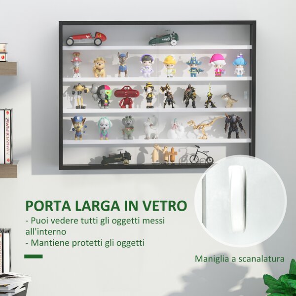 HOMCOM Vetrina per Collezionismo a 4 Ripiani Regolabili in Legno con Ante in Vetro, 80x9.5x60 cm, Bianco e Nero | Aosom
