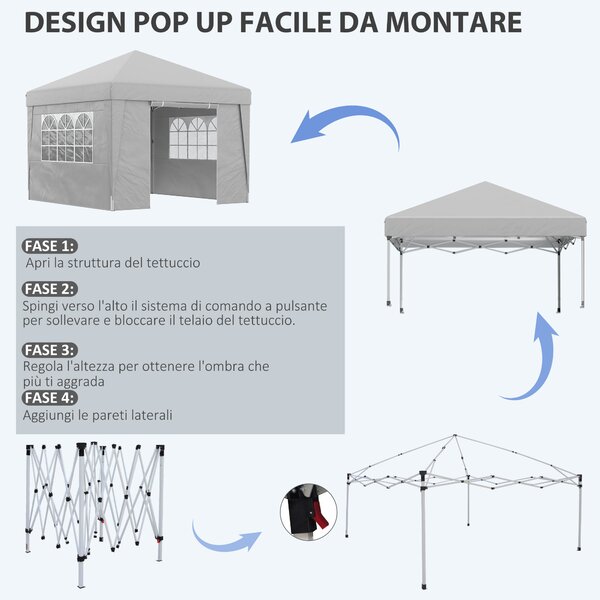 Outsunny Gazebo 3x3 m Pieghevole ad Altezza Regolabile con Finestrelle, in Acciaio e Tessuto Oxford Grigio Chiaro