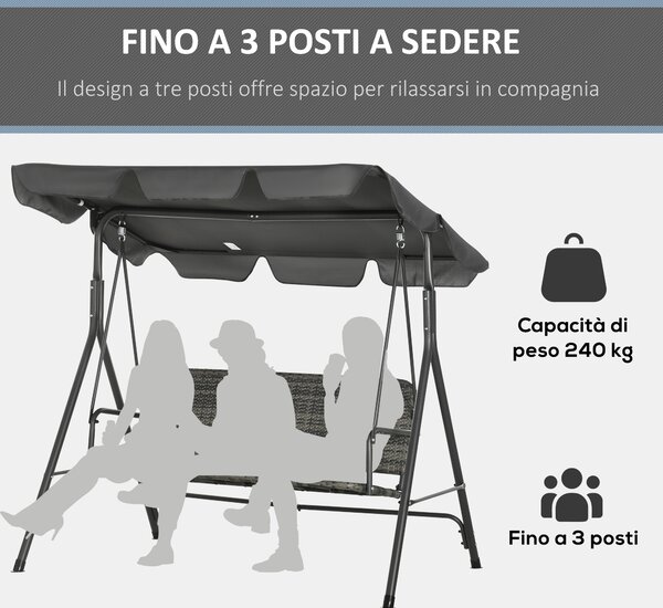 Outsunny Dondolo da Giardino 3 Posti con Tettuccio Regolabile in Rattan PE, 167x112x153cm, Grigio Scuro