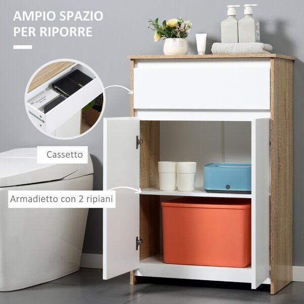 Kleankin Mobiletto da Bagno con Armadietto e Cassetto, Mobile Multiuso Salvaspazio, 60x30x90cm, Color Legno e Bianco | Aosom Italy