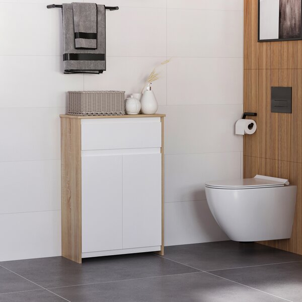 Kleankin Mobiletto da Bagno con Armadietto e Cassetto, Mobile Multiuso Salvaspazio, 60x30x90cm, Color Legno e Bianco | Aosom Italy