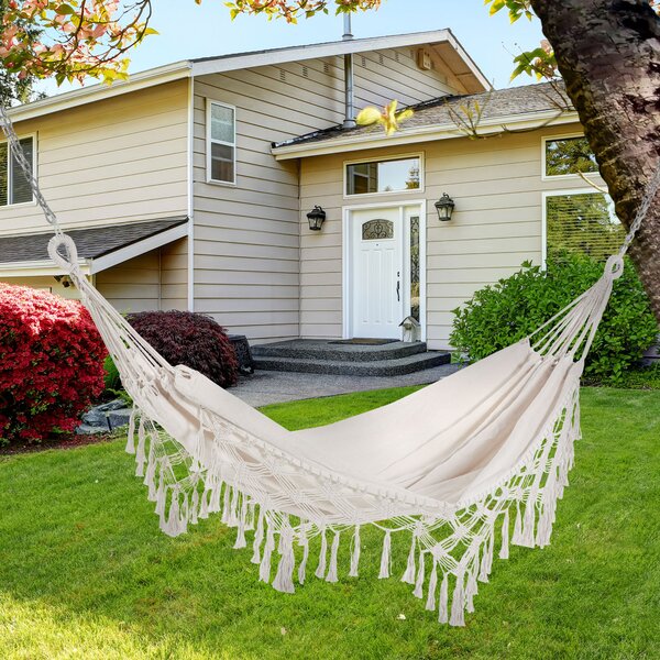 Outsunny Amaca da Giardino Sospesa in Tela con Frange Stile Boho, 288x150 cm, Capacità 120 kg, Crema
