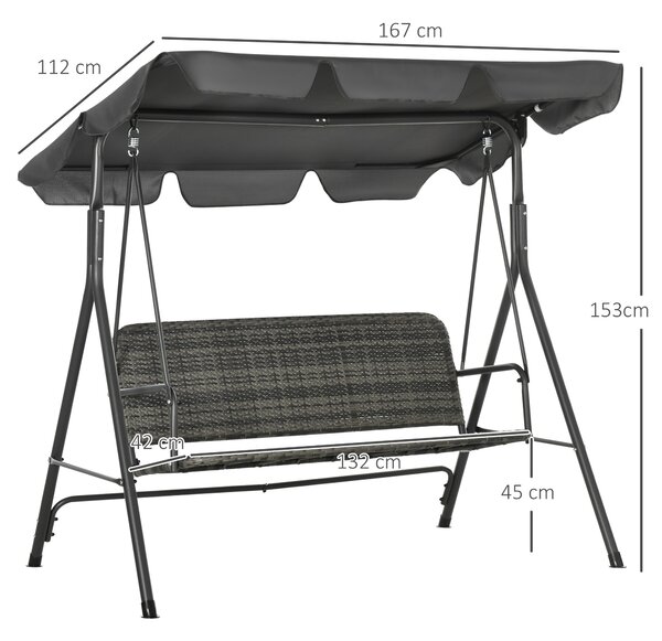 Outsunny Dondolo da Giardino 3 Posti con Tettuccio Regolabile in Rattan PE, 167x112x153cm, Grigio Scuro