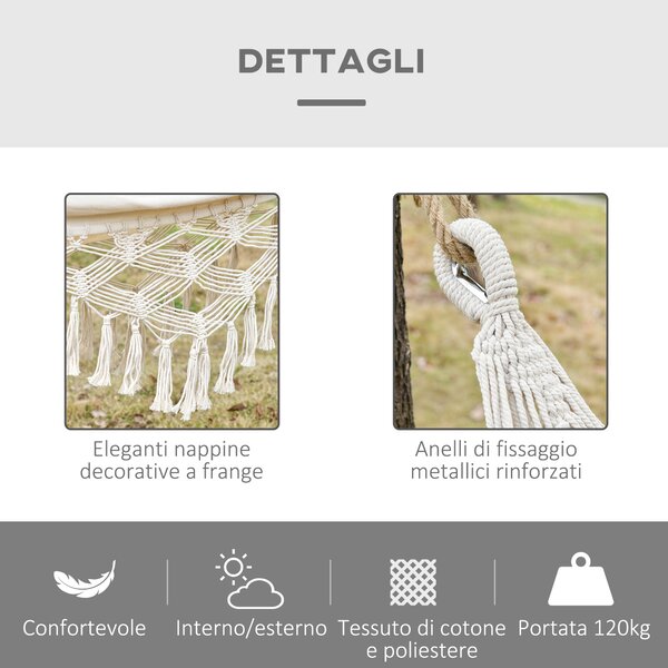 Outsunny Amaca da Giardino Sospesa in Tela con Frange Stile Boho, 288x150 cm, Capacità 120 kg, Crema