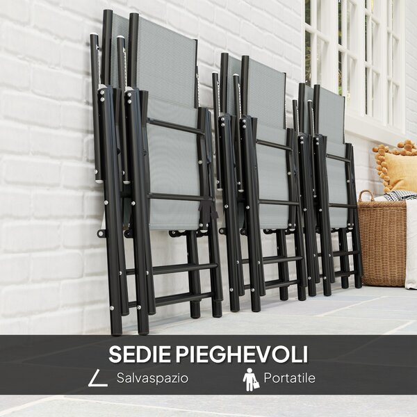 Outsunny Set da Giardino 7 Pezzi con Tavolo da Pranzo con Foro per Ombrellone e 6 Sedie Pieghevoli, Grigio
