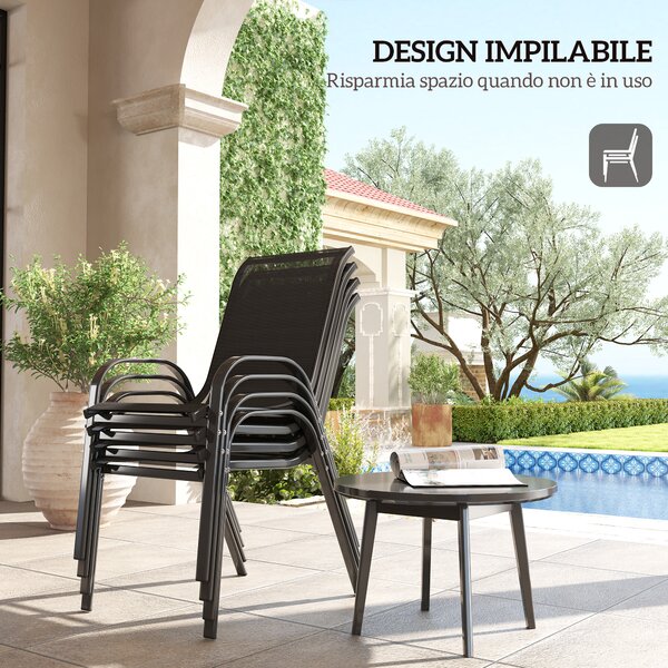Outsunny Set 4 Sedie da Giardino Impilabili in Acciaio e Tessuto a Rete Traspirante, 54x71x93 cm, Nero