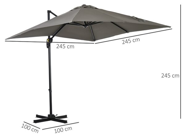 Outsunny Ombrellone da Giardino a Manovella 2.5x2.5 m con Rotazione 360° e Parasole Regolabile, Grigio Chiaro