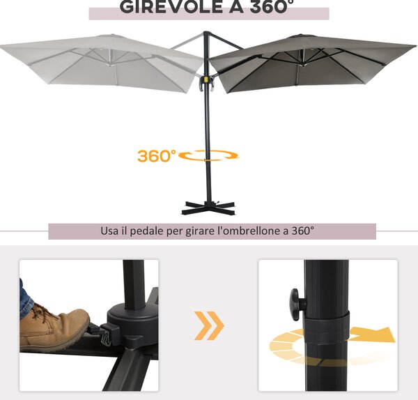 Outsunny Ombrellone da Giardino a Manovella 2.5x2.5 m con Rotazione 360° e Parasole Regolabile, Grigio Chiaro