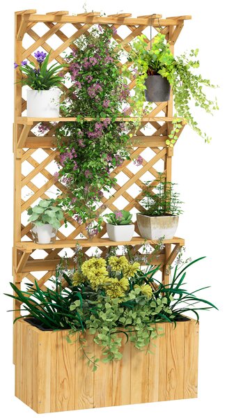 Outsunny Fioriera con Traliccio per Rampicanti, Fori di Drenaggio e 2 Mensole, in Legno di Abete, 76x33x177 cm