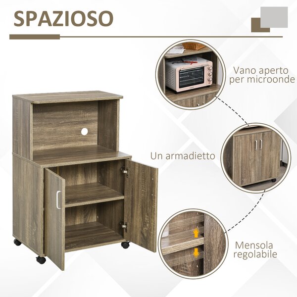 HOMCOM Mobile Cucina Multiuso con 4 Ruote, Armadietto con Ripiano per Microonde in Legno Truciolare, 60.4x40.3x97cm, Color Legno|Aosom