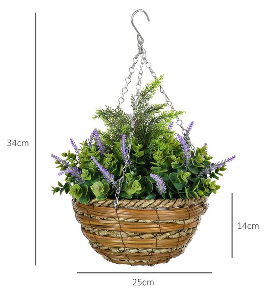 Outsunny Set 2 Piante Finte di Lisianthus con Vaso e Gancio, in PE e Vimini, Ø25x34 cm, Verde e Viola