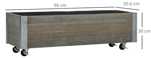 Outsunny Fioriera Rettangolare in Legno di Abete con Ruote e Freno, 96x30.6x30 cm, Grigio