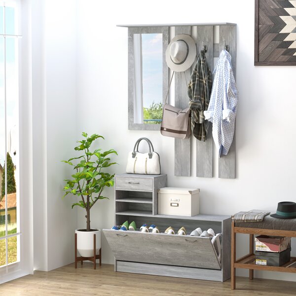 Homcom Mobile da Ingresso Appendiabiti con Scarpiera e Specchio, Mensole e Cassetto, 90x22x116cm Grigio Cemento|Aosom