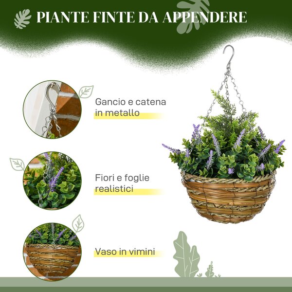 Outsunny Set 2 Piante Finte di Lisianthus con Vaso e Gancio, in PE e Vimini, Ø25x34 cm, Verde e Viola