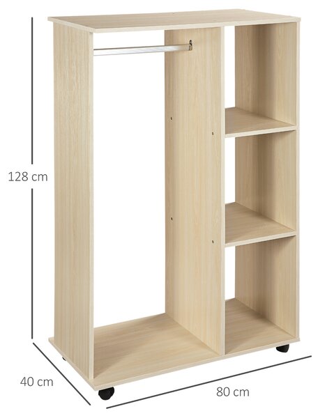 Homcom Stand Appendiabiti Attaccapanni Mobile con Ruote Design Aperto con 3 Ripiani Armadio aperto con ripiani in effetto legno 80x40x128cm|Aosom