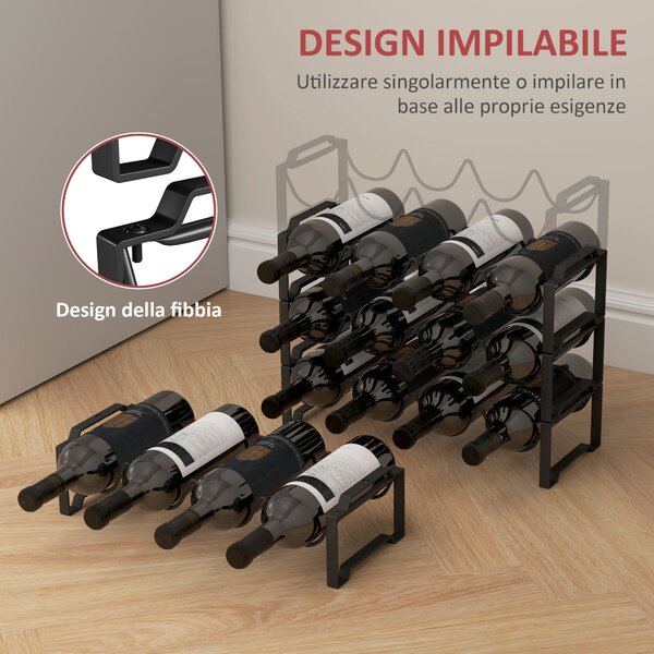 HOMCOM Portabottiglie a 4 Livelli a Onda Impilabili per 16 Bottiglie, in Metallo, 42.5x16.5x41 cm, Nero