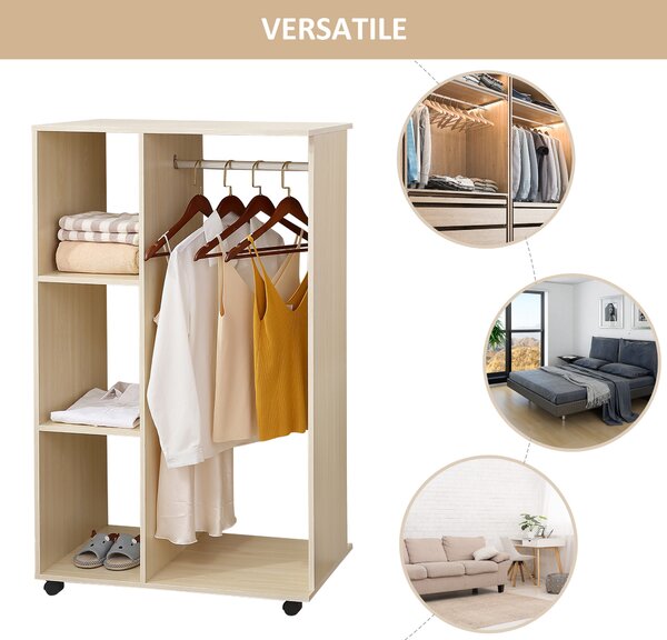 Homcom Stand Appendiabiti Attaccapanni Mobile con Ruote Design Aperto con 3 Ripiani Armadio aperto con ripiani in effetto legno 80x40x128cm|Aosom