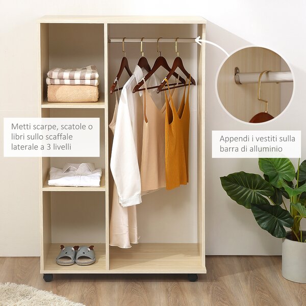 Homcom Stand Appendiabiti Attaccapanni Mobile con Ruote Design Aperto con 3 Ripiani Armadio aperto con ripiani in effetto legno 80x40x128cm|Aosom