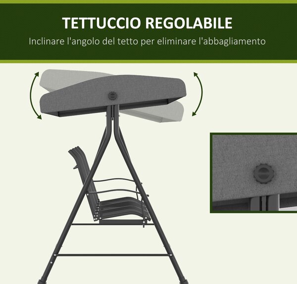 Outsunny Dondolo da Giardino 3 Posti con Tettuccio Parasole Regolabile, 195x118x170 cm, Grigio Scuro