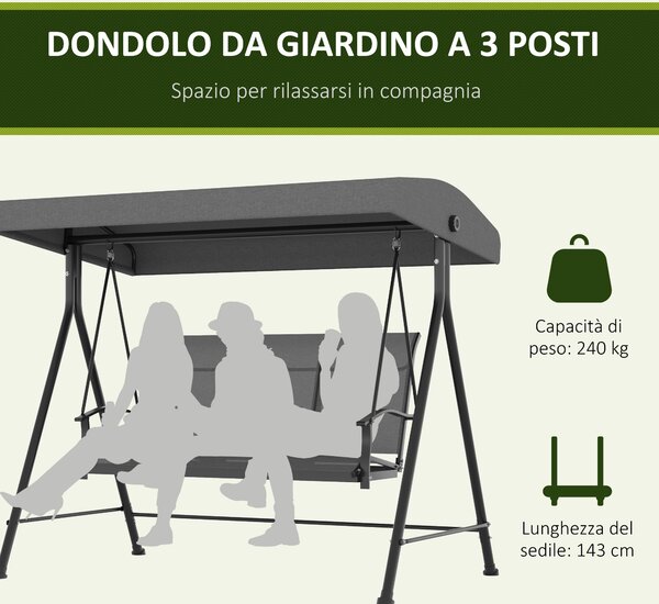 Outsunny Dondolo da Giardino 3 Posti con Tettuccio Parasole Regolabile, 195x118x170 cm, Grigio Scuro