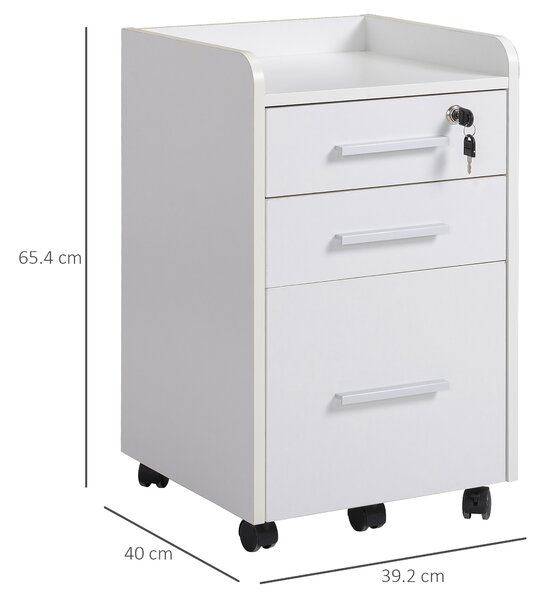 HOMCOM Cassettiera da Ufficio a 3 Cassetti con maniglie, Ripiano e 5 Ruote, in pannello truciolare e MDF, Bianco,39.2 x 40 x 65.4cm|Aosom Italy