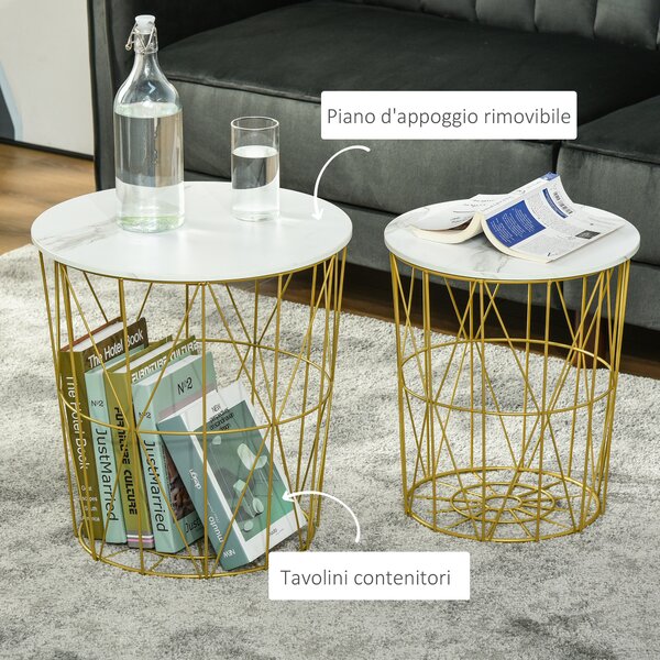 HOMCOM Set 2 Tavolini da Caffè in Acciaio e MDF Moderni con Piano d'Appoggio Rimuovibile, Tavolini Contenitori, Φ44x45.5cm/Φ35x41cm Bianco Oro | Aosom
