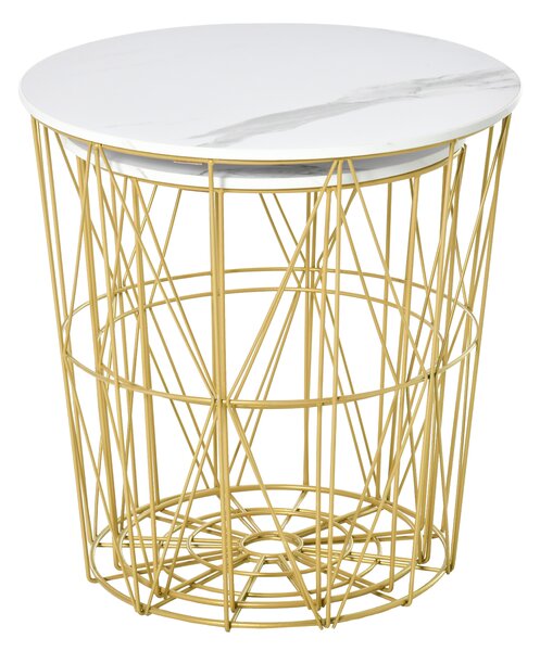 HOMCOM Set 2 Tavolini da Caffè in Acciaio e MDF Moderni con Piano d'Appoggio Rimuovibile, Tavolini Contenitori, Φ44x45.5cm/Φ35x41cm Bianco Oro | Aosom