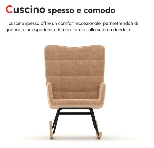 HOMCOM Poltrona a Dondolo Imbottita in Legno e Acciaio con Rivestimento Bouclé, 71x98x101 cm, Marrone