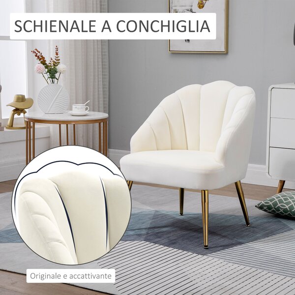 HOMCOM Poltrona in Velluto con Schienale a Conchiglia e Gambe in Acciaio, Poltrona Design Moderno Imbottita, Crema | Aosom Italy