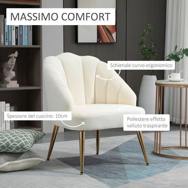 HOMCOM Poltrona in Velluto con Schienale a Conchiglia e Gambe in Acciaio, Poltrona Design Moderno Imbottita, Crema | Aosom Italy