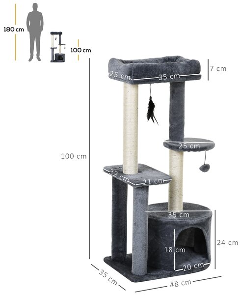 PawHut Albero Tiragraffi per Gatti con Cuccia e Colonna In Sisal con Giocattoli sospesi Stabili Altezza 147 cm|Aosom
