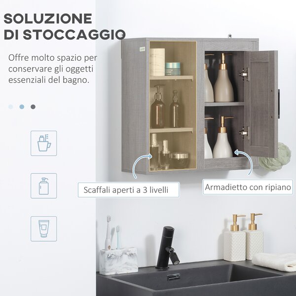 Kleankin Pensile Bagno con 3 Ripiani Aperti e Armadietto in Legno Truciolare, 48x20x50cm, Grigio|Aosom