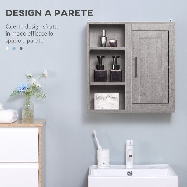 Kleankin Pensile Bagno con 3 Ripiani Aperti e Armadietto in Legno Truciolare, 48x20x50cm, Grigio|Aosom