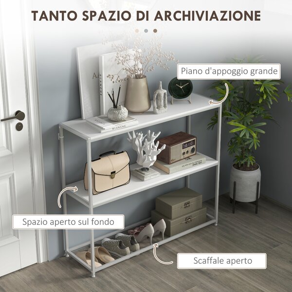 HOMCOM Tavolo Consolle da Ingresso con Ripiano Aperto, in Acciaio e Truciolato, 100x30x87 cm, Bianco|Aosom
