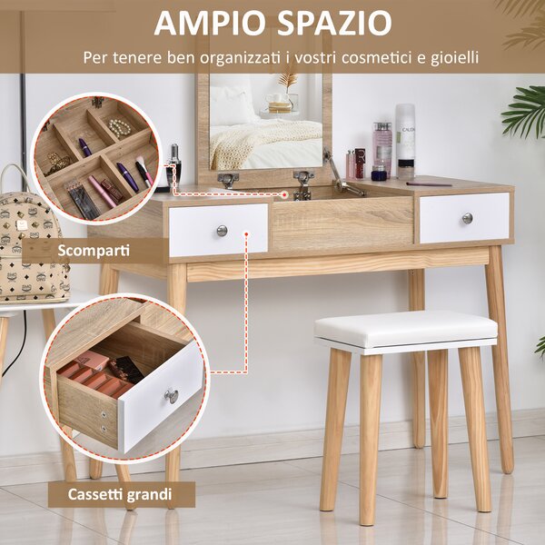 HOMCOM Set da toletta con specchio ribaltato sgabello imbottito 2 cassetti 5 vani di stoccaggio per casa bianco
